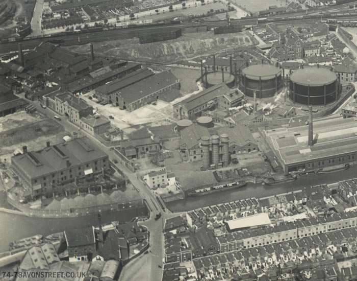 74-78 Avon Street can be seen in the left of the image. This image shows the building before the height was reduced. The other gasworks buildings can be seen on the right. c1920s-1930s
