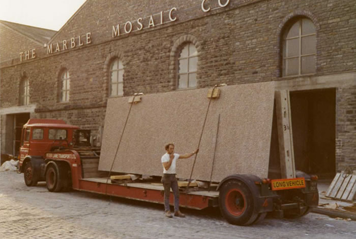 Two precast conrete wall panels for Clifton Cathedral being loaded on to a lorry. Image dated early 1970s.
