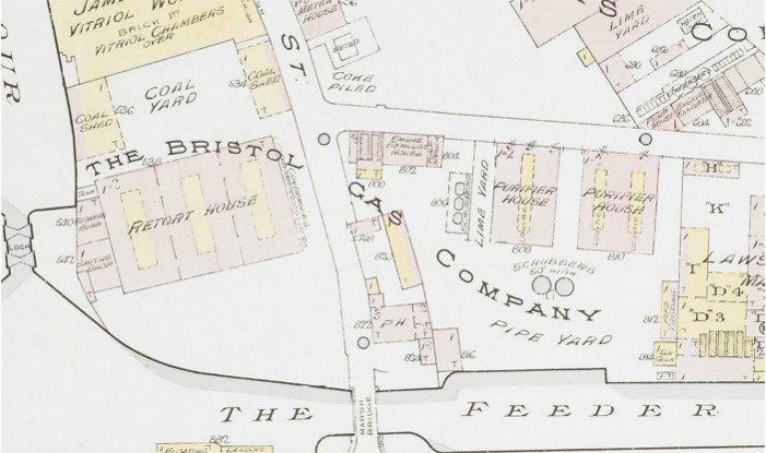 The retort house and surrounding buildings can be seen in this insurance map. Image dated 1896.