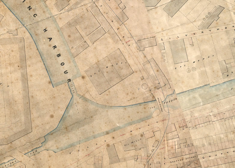 The gasworks building can be seen in this 1874 Ashmead map of the area. The lock can be seen to the west of the building.